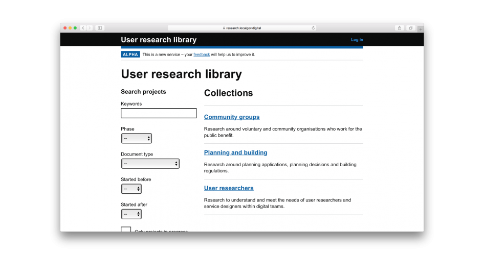 Collections view of the user research library