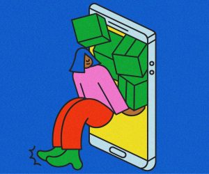 Illustration of person pushing boxes to represent data into a phone