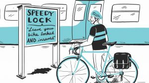 Illustration of man with bike reading a sign saying "Speedy Lock - Leave your bike lock AND insured" in front of a train