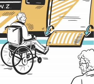 Illustration of man in wheelchair getting on a train via a ramp