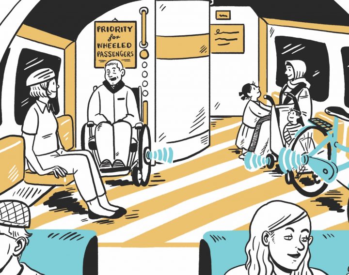 Illustration of people on a train in a bike, buggy and wheelchair area