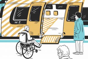 Illustration of man in wheelchair getting on a train via a ramp