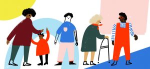 People of different ages and abilities including a small child and an elderly lady with a walking aid