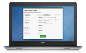 Laptop screen with an internet browser window. The internet browser includes the Benefit Identifier tool for Free School Meals.