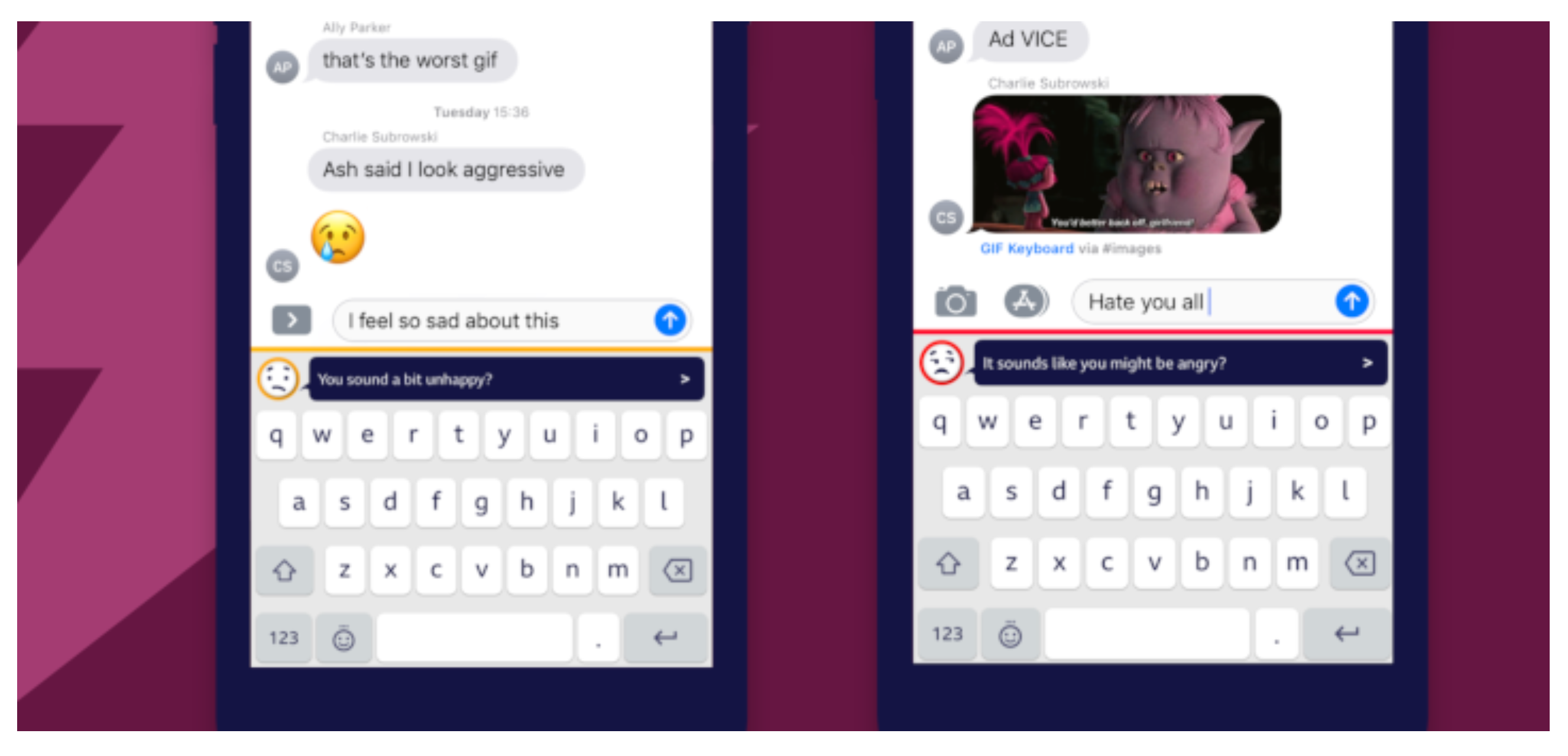 2 smart phones showing texts with additional questions from an AI interpreting the person's emotions. 