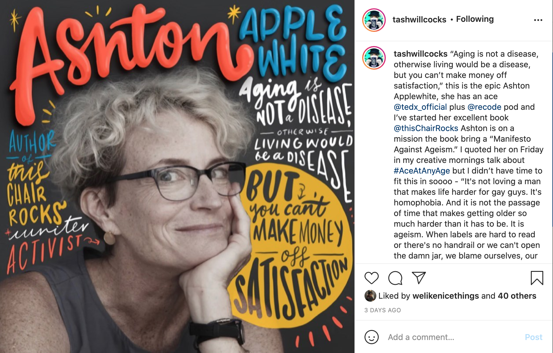 A screengrab of Tash Willcock's Instagram account showing a post about Ashton Applewhite, an anti-ageism campaigner