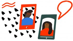 an illustration of two smartphones with young people on the screens