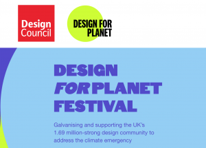 Design Council branded graphic for Design for Planet Festival, with event information: 9th & 10th November 2021 at the V&A Dundee