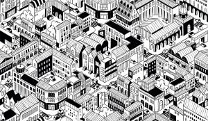 black and white illustration of a densely populated cityscape