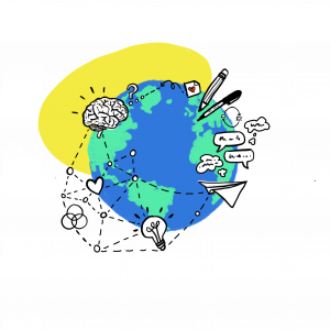an illustration of planet earth with a yellow blob behind it and lots of diagrams and squiggles around it