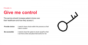 Principle 1: 'Give control' the service should increase patient control over how they access the service. 'provide choice' - 'I need to have choice within the service so I feel in control' 2) 'Be accessible 'I need to have the option to book myself so that I can find a time and a place that works for me'