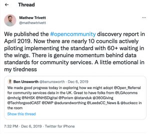 a screengrab of a tweet by Mathew Trivett sharing an update on the adoption of the standard in December 2019.