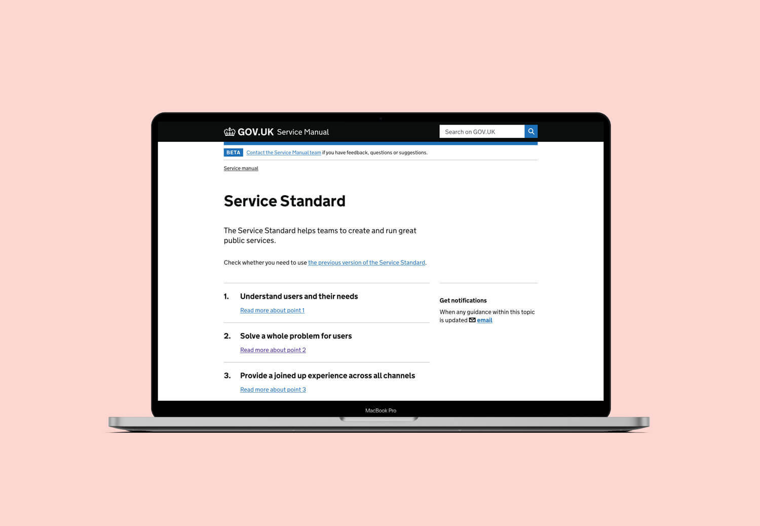 An open laptop displaying the UK Government's Service Standard guidelines webpage - https://www.gov.uk/service-manual/service-standard