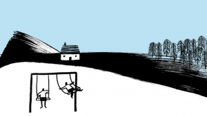 An illustration of two children in a rural setting playing on a set of swings.