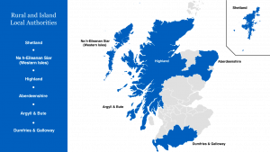 A map of Scotland highlighting the Local Authorities the research for this project was conducted in. The six Rural and Island Local Authorities were: Argyll and Bute, Aberdeenshire, Dumfries and Galloway, Highland, Shetland Islands, Na h-Eileanan Siar (Western Isles)