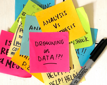 A pile of post its with writing on them relating to user research analysis. The most visible at the top of the pile states 'Drowning in data?'
