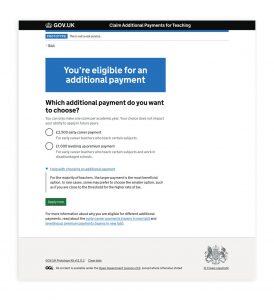 Screenshot of the final design of the eligibility page when a teacher is eligible for two payments