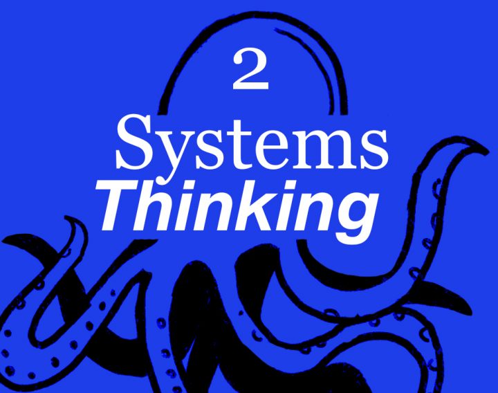 An illustration of an octopus with its legs floating in a sea of blue. The words 'Systems Thinking' are overlaid over the top.