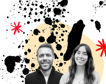 Greyscale headshots of Snook Service Designers Olivia Holbrook & Tom White with black splashes on the background.